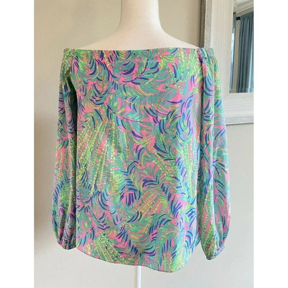 Lilly Pulitzer Adira Silk Shirt Blouse Off The Shoulder Pink Green XS - Picture 2 of 4